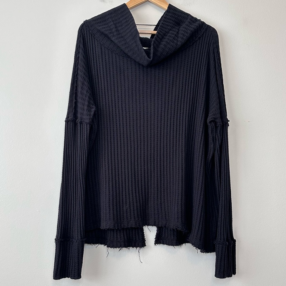 FREE PEOPLE Black Waffle Knit Cowl Neck Long Sleeves MEDIUM